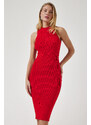 Happiness İstanbul Women's Red Ribbed Saran Knitwear Dress