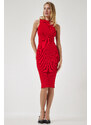 Happiness İstanbul Women's Red Ribbed Saran Knitwear Dress