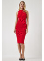 Happiness İstanbul Women's Red Ribbed Saran Knitwear Dress