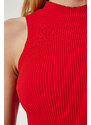 Happiness İstanbul Women's Red Ribbed Saran Knitwear Dress