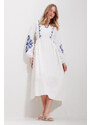 Trend Alaçatı Stili Women's White V-Neck Inner Lined Linen Embroidery Midi Length Dress