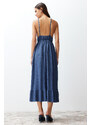 Trendyol Indigo Skirt Frilly V Neck Strappy Maxi Ribbed Flexible Knitted Maxi Dress