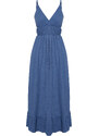 Trendyol Indigo Skirt Frilly V Neck Strappy Maxi Ribbed Flexible Knitted Maxi Dress