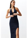 Trendyol Navy Blue Maxi Knitwear Premium/Special Thread Slit Detailed Dress