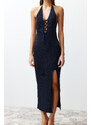 Trendyol Navy Blue Maxi Knitwear Premium/Special Thread Slit Detailed Dress