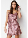 Trendyol Brown Leopard Patterned Lace Collar Satin Woven Nightgown