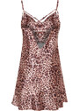 Trendyol Brown Leopard Patterned Lace Collar Satin Woven Nightgown