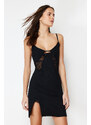 Trendyol Black Lace Detailed Slit Ribbed Knitted Nightgown