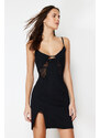 Trendyol Black Lace Detailed Slit Ribbed Knitted Nightgown