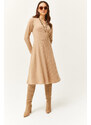 Olalook Women's Camel Button Detailed Double Breasted Midi Bell Dress