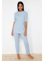 Trendyol Blue Cotton Ribbed Slit Detailed Knitted Pajamas Set