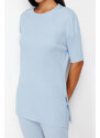 Trendyol Blue Cotton Ribbed Slit Detailed Knitted Pajamas Set