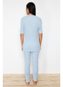 Trendyol Blue Cotton Ribbed Slit Detailed Knitted Pajamas Set