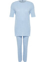 Trendyol Blue Cotton Ribbed Slit Detailed Knitted Pajamas Set