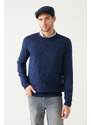 Avva Men's Dark Navy Blue Crew Neck Textured Regular Fit Knitwear Sweater