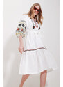 Trend Alaçatı Stili Women's White Big Collar Balloon Sleeve Interior Lined Belted Embroidered Embroidered Dress