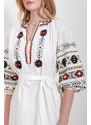 Trend Alaçatı Stili Women's White Big Collar Balloon Sleeve Interior Lined Belted Embroidered Embroidered Dress