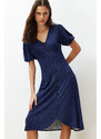 Trendyol Navy Blue Balloon Sleeve Printed Midi Stretchy Knitted Midi Dress