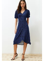 Trendyol Navy Blue Balloon Sleeve Printed Midi Stretchy Knitted Midi Dress