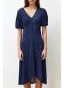 Trendyol Navy Blue Balloon Sleeve Printed Midi Stretchy Knitted Midi Dress