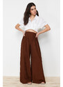 Trendyol Pleat Detail Wide Leg Dark Brown Textured Fabric Woven Trousers