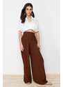 Trendyol Pleat Detail Wide Leg Dark Brown Textured Fabric Woven Trousers