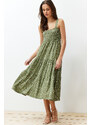 Trendyol Green Gimped Printed Skater/Waist Open Elastic Knitted Midi Dress