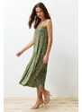 Trendyol Green Gimped Printed Skater/Waist Open Elastic Knitted Midi Dress