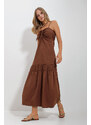 Trend Alaçatı Stili Women's Brown Adjustable Straps Front Gathered Back Zippered Gabardine Linen Dress