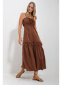 Trend Alaçatı Stili Women's Brown Adjustable Straps Front Gathered Back Zippered Gabardine Linen Dress