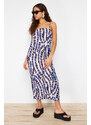 Trendyol Blue Abstract Printed Fitted/Sleeping Square Neck Strap Knitted Maxi Dress