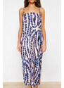 Trendyol Blue Abstract Printed Fitted/Sleeping Square Neck Strap Knitted Maxi Dress