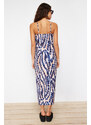 Trendyol Blue Abstract Printed Fitted/Sleeping Square Neck Strap Knitted Maxi Dress