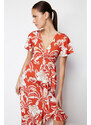 Trendyol Tile Floral Printed Wrapped Belted Ruffled Short Sleeve Stretchy Knitted Midi Dress