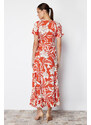 Trendyol Tile Floral Printed Wrapped Belted Ruffled Short Sleeve Stretchy Knitted Midi Dress