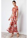 Trendyol Tile Floral Printed Wrapped Belted Ruffled Short Sleeve Stretchy Knitted Midi Dress