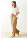 Trendyol Camel Straight/Straight Cut Elastic Waist Lace-up Linen Look Trousers