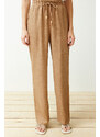 Trendyol Camel Straight/Straight Cut Elastic Waist Lace-up Linen Look Trousers