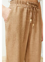 Trendyol Camel Straight/Straight Cut Elastic Waist Lace-up Linen Look Trousers