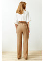 Trendyol Camel Straight/Straight Cut Elastic Waist Lace-up Linen Look Trousers