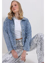 Trend Alaçatı Stili Women's Blue Snow Washed Trok Embroidered Buttoned Front Jean Jacket