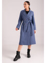 armonika Women's Dark Blue Double Breasted Collar Waist Belted Long Trench Coat