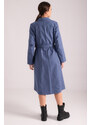 armonika Women's Dark Blue Double Breasted Collar Waist Belted Long Trench Coat