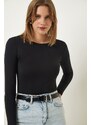 Happiness İstanbul Women's Black Crew Neck Basic Viscose Knitted Blouse