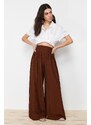 Trendyol Pleat Detail Wide Leg Dark Brown Textured Fabric Woven Trousers