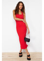 Trendyol Red Fitted Square Neck Ribbed Flexible Knitted Maxi Dress