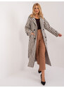 Fashionhunters Ecru-hnědý dvouřadý károvaný kabát