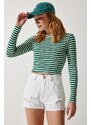 Happiness İstanbul Women's Dark Green Crew Neck Striped Crop Knitted Blouse