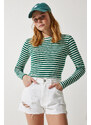 Happiness İstanbul Women's Dark Green Crew Neck Striped Crop Knitted Blouse