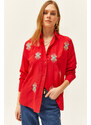 Olalook Women's Red Sequin Detailed Woven Boyfriend Shirt